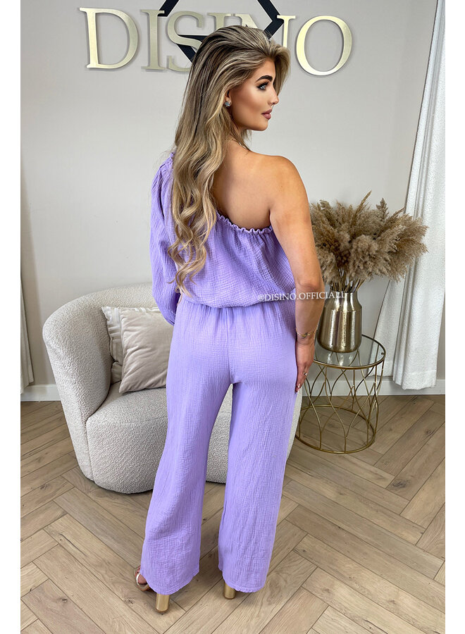 LILA - 'TESS LONG JUMPSUIT' - ONE SHOULDER MOUSSELINE WAFFLE COTTON JUMPSUIT