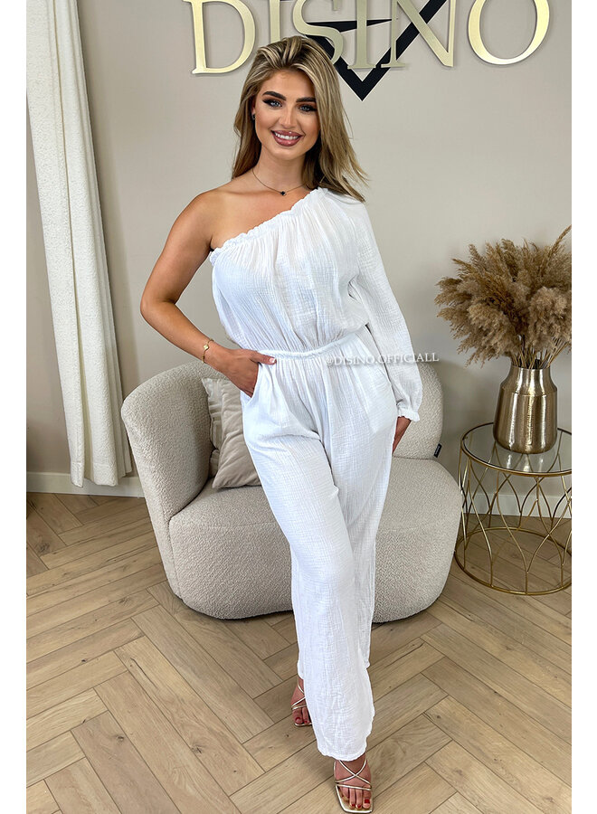 WHITE - 'TESS LONG JUMPSUIT' - ONE SHOULDER MOUSSELINE WAFFLE COTTON JUMPSUIT