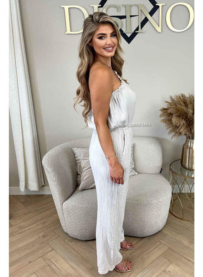 WHITE - 'TESS LONG JUMPSUIT' - ONE SHOULDER MOUSSELINE WAFFLE COTTON JUMPSUIT
