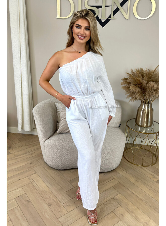 WHITE - 'TESS LONG JUMPSUIT' - ONE SHOULDER MOUSSELINE WAFFLE COTTON JUMPSUIT