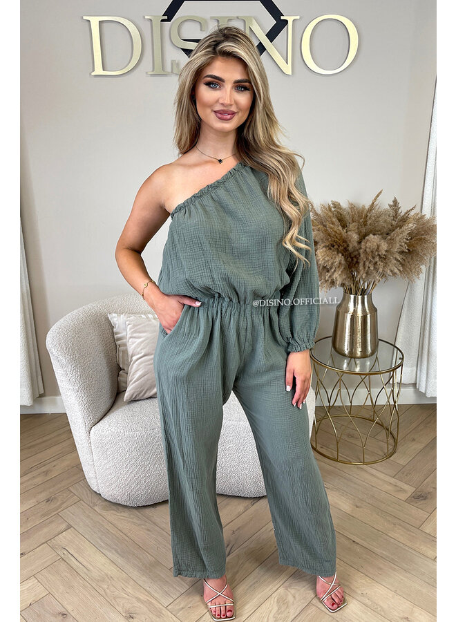 KHAKI GREEN - 'TESS LONG JUMPSUIT' - ONE SHOULDER MOUSSELINE WAFFLE COTTON JUMPSUIT