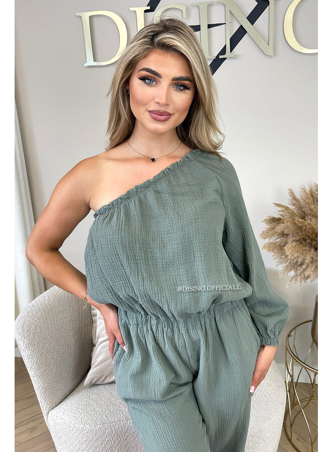 KHAKI GREEN - 'TESS LONG JUMPSUIT' - ONE SHOULDER MOUSSELINE WAFFLE COTTON JUMPSUIT