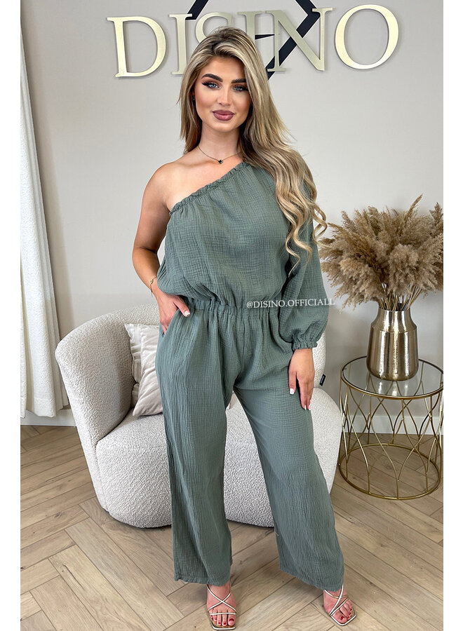 KHAKI GREEN - 'TESS LONG JUMPSUIT' - ONE SHOULDER MOUSSELINE WAFFLE COTTON JUMPSUIT