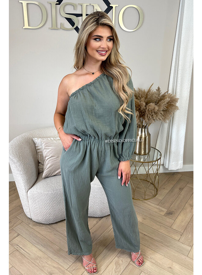KHAKI GREEN - 'TESS LONG JUMPSUIT' - ONE SHOULDER MOUSSELINE WAFFLE COTTON JUMPSUIT