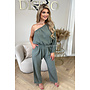 KHAKI GREEN - 'TESS LONG JUMPSUIT' - ONE SHOULDER MOUSSELINE WAFFLE COTTON JUMPSUIT