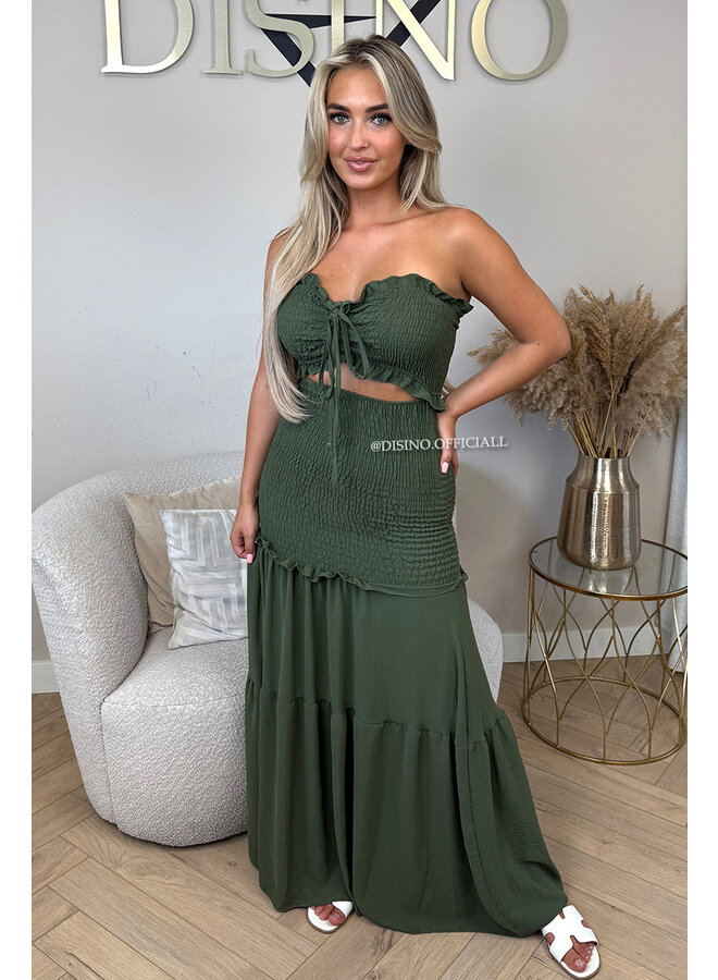 KHAKI GREEN - 'FAYÉ MAXI DRESS' - TROPICAL LEAVES MAXI DRESS