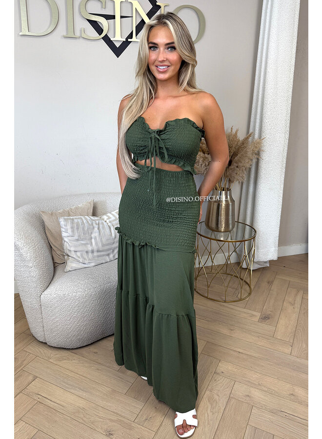 KHAKI GREEN - 'FAYÉ MAXI DRESS' - TROPICAL LEAVES MAXI DRESS