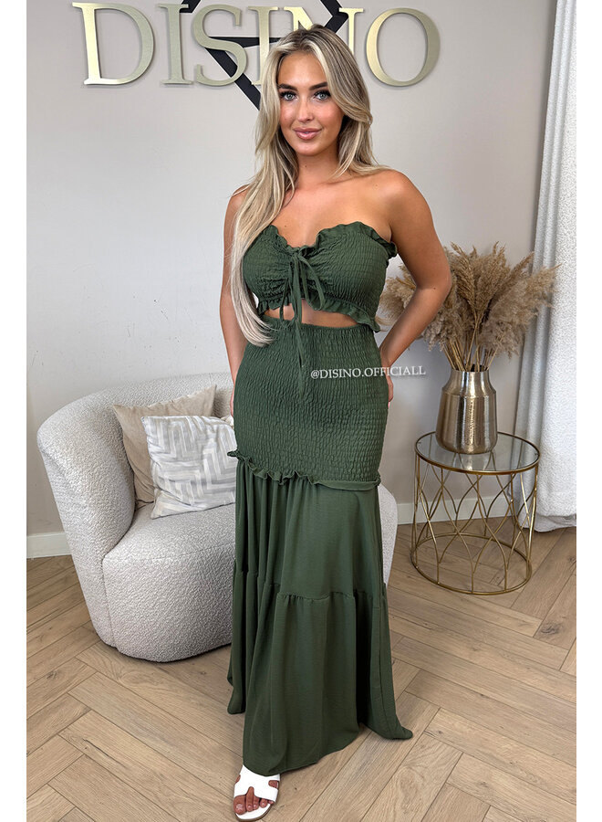 KHAKI GREEN - 'FAYÉ MAXI DRESS' - TROPICAL LEAVES MAXI DRESS