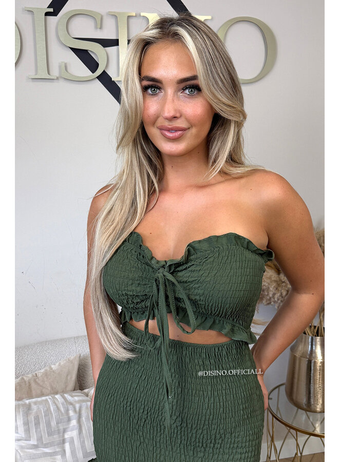 KHAKI GREEN - 'FAYÉ MAXI DRESS' - TROPICAL LEAVES MAXI DRESS