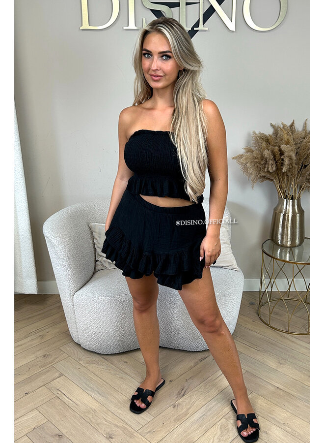 BLACK - 'JESSY SET' - STRAPLESS MOUSSELINE WAFFLE COTTON TOP + SKORT SET