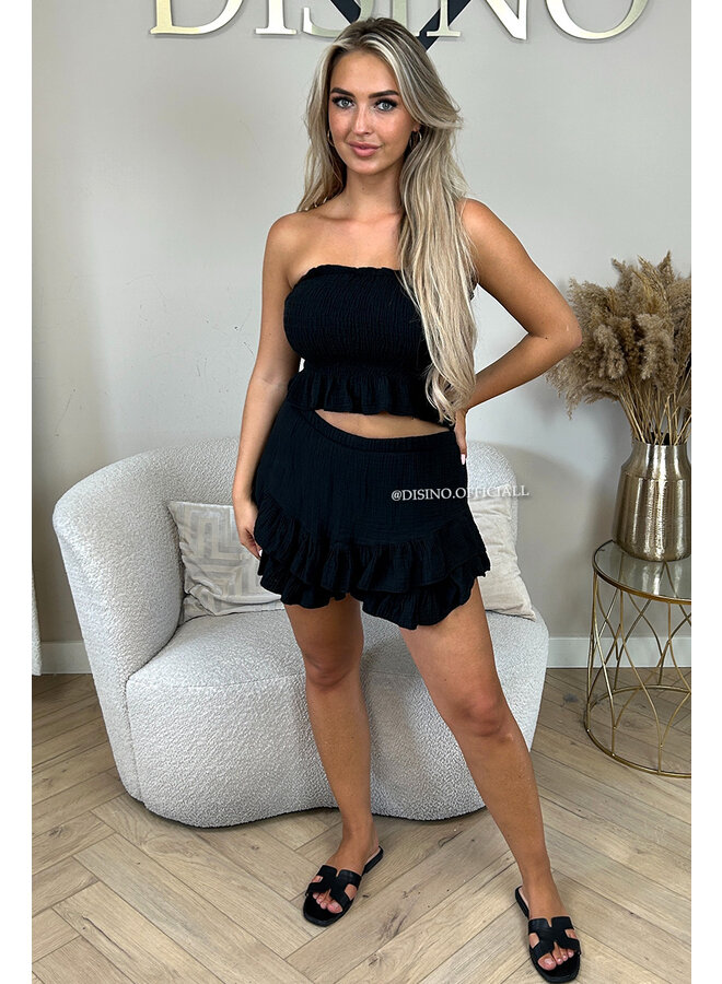 BLACK - 'JESSY SET' - STRAPLESS MOUSSELINE WAFFLE COTTON TOP + SKORT SET
