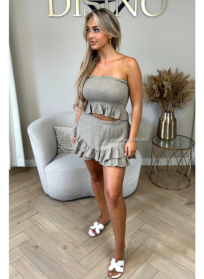 TAUPE - 'JESSY SET' - STRAPLESS MOUSSELINE WAFFLE COTTON TOP + SKORT SET