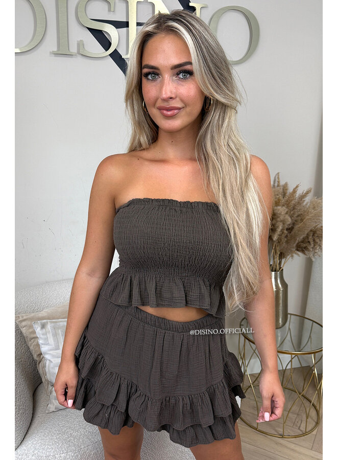 CHOCO - 'JESSY SET' - STRAPLESS MOUSSELINE WAFFLE COTTON TOP + SKORT SET
