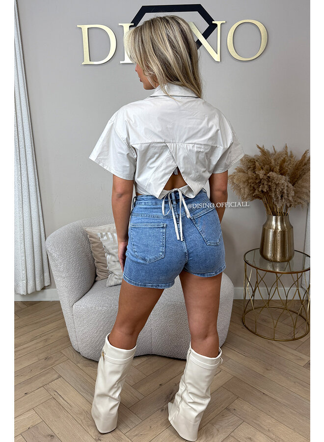 BEIGE - 'CARMEN BLOUSE' - OPEN BACK SHORT SLEEVE SHIRT