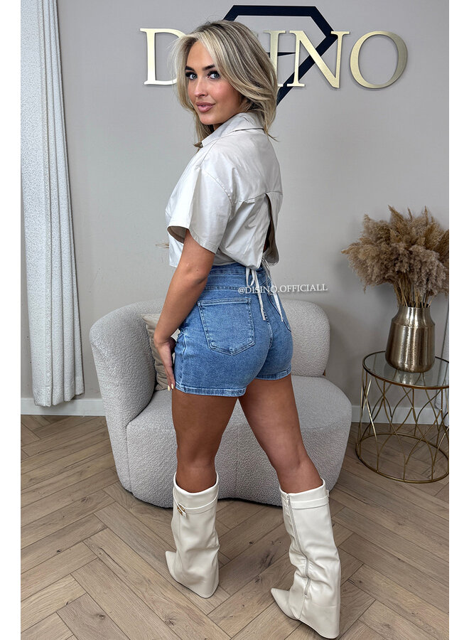 BEIGE - 'CARMEN BLOUSE' - OPEN BACK SHORT SLEEVE SHIRT