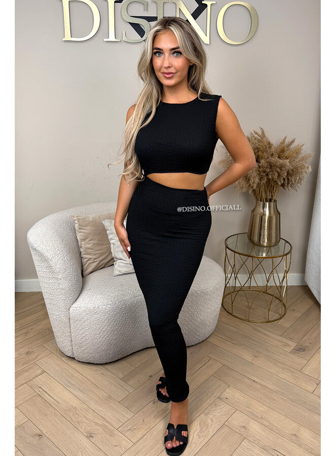 BLACK - 'KATE DRESS' - WAFFLE PRINT ASYMMETRIC CUT-OUT DRESS