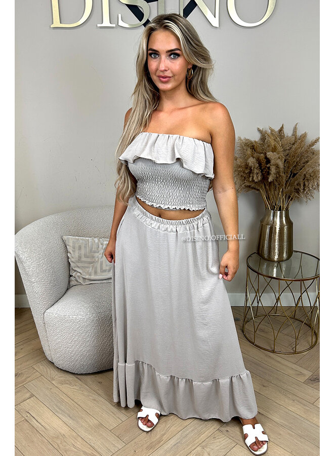BEIGE - 'SOLEIL SET' - BOHEMIAN RUFFLE TOP + MAXI SKIRT SET