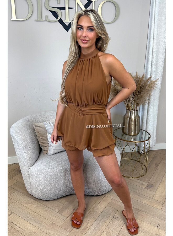 CAMEL - 'LIORA PLAYSUIT' - HALTER RUFFLE PLAYSUIT