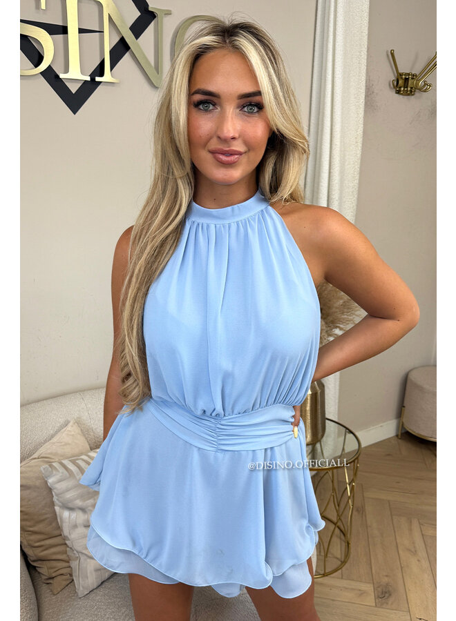 LIGHT BLUE - 'LIORA PLAYSUIT' - HALTER RUFFLE PLAYSUIT