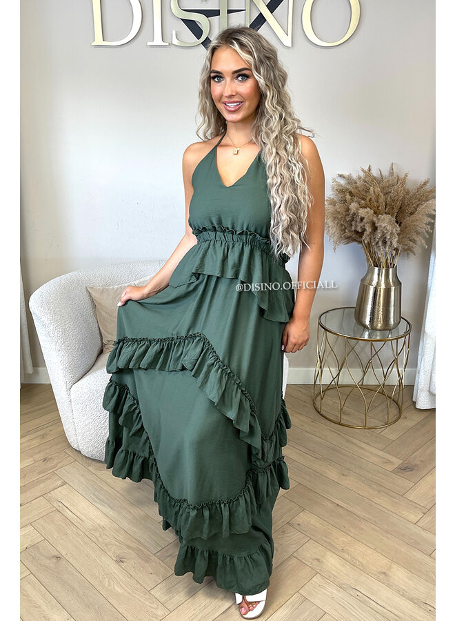 KHAKI GREEN - 'SUNNY DRESS' - RUFFLE MAXI DRESS OPEN BACK