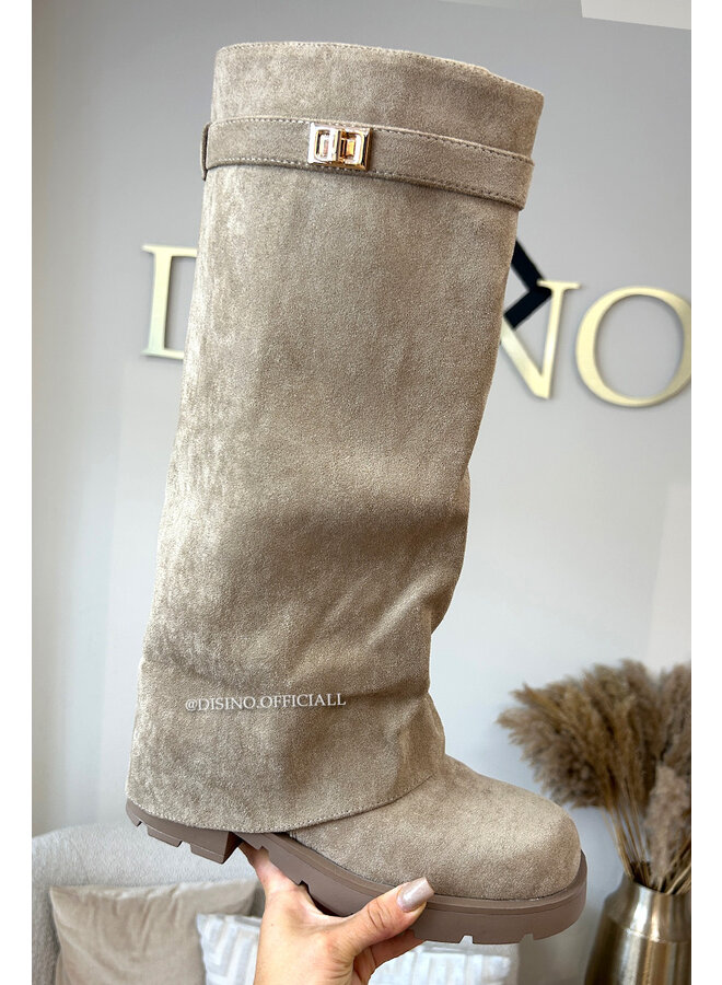 KHAKI - 'BIKER SUEDE SHARK BOOTS' - PREMIUM QUALITY OVERLAY BOOTS