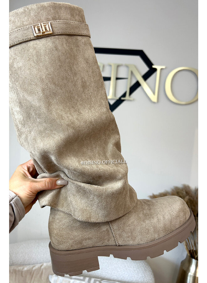 KHAKI - 'BIKER SUEDE SHARK BOOTS' - PREMIUM QUALITY OVERLAY BOOTS