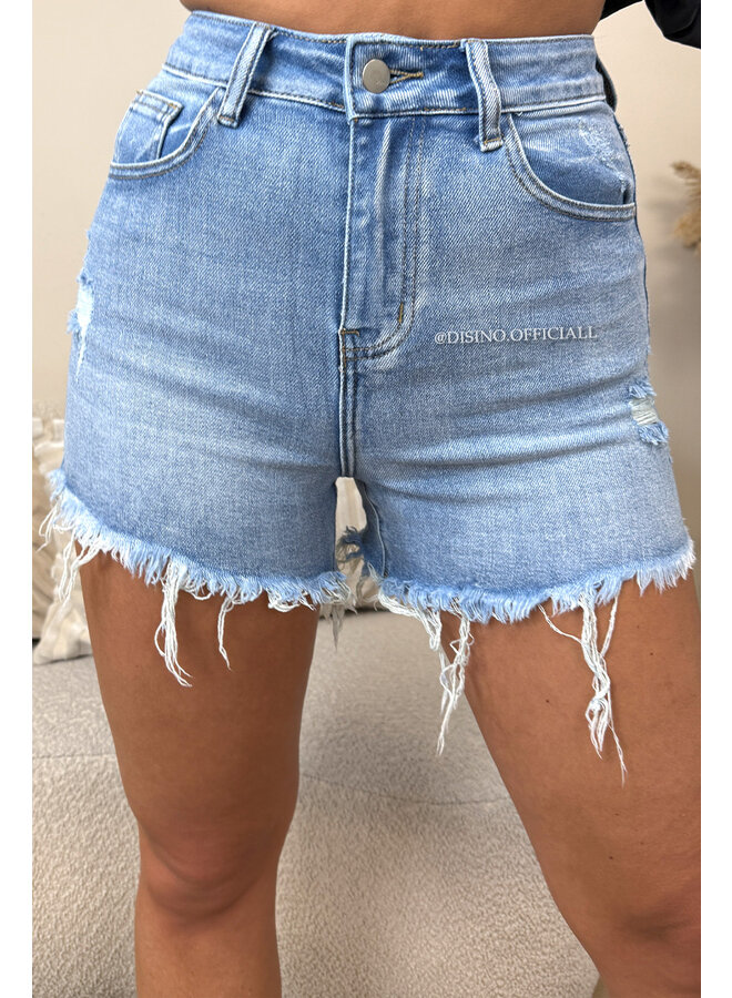 BLUE - 'ROXI SHORT' - STRETCH RIPPED DENIM SHORT - 072