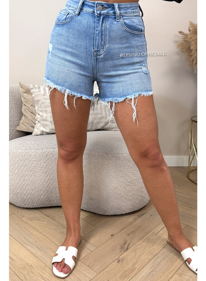 BLUE - 'ROXI SHORT' - STRETCH RIPPED DENIM SHORT - 072