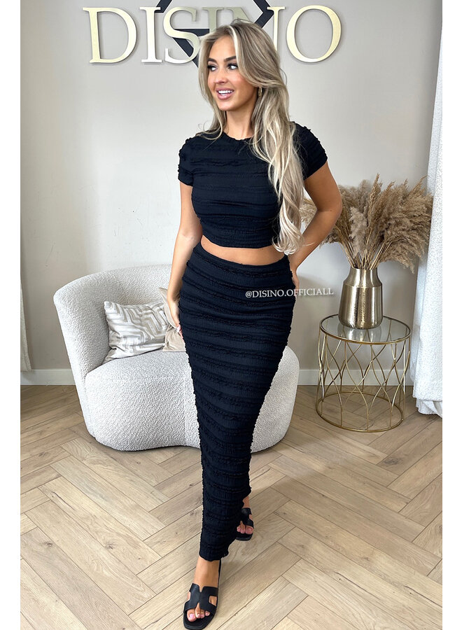 BLACK - 'AMARA SET' - CROCHET LACE TOP + MAXI SKIRT SET