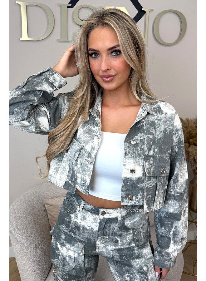 ACID WASH GREY - 'YADE JACKET' - CARGO CROPPED DENIM JACKET