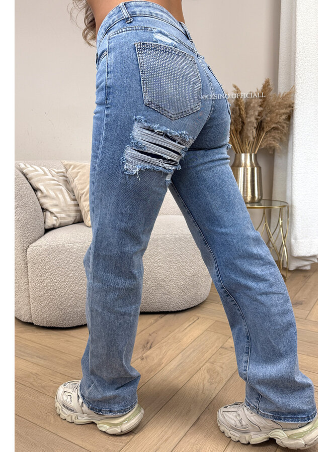 LIGHT BLUE - 'SYDNEY JEANS' - STRETCH VIRAL RIPPED BACK STRAIGHT LEG JEANS