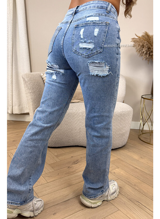 LIGHT BLUE - 'SYDNEY JEANS' - STRETCH VIRAL RIPPED BACK STRAIGHT LEG JEANS