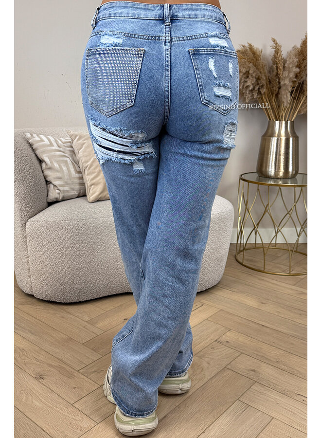 LIGHT BLUE - 'SYDNEY V2 JEANS' - STRETCH VIRAL RIPPED BACK STRAIGHT LEG JEANS