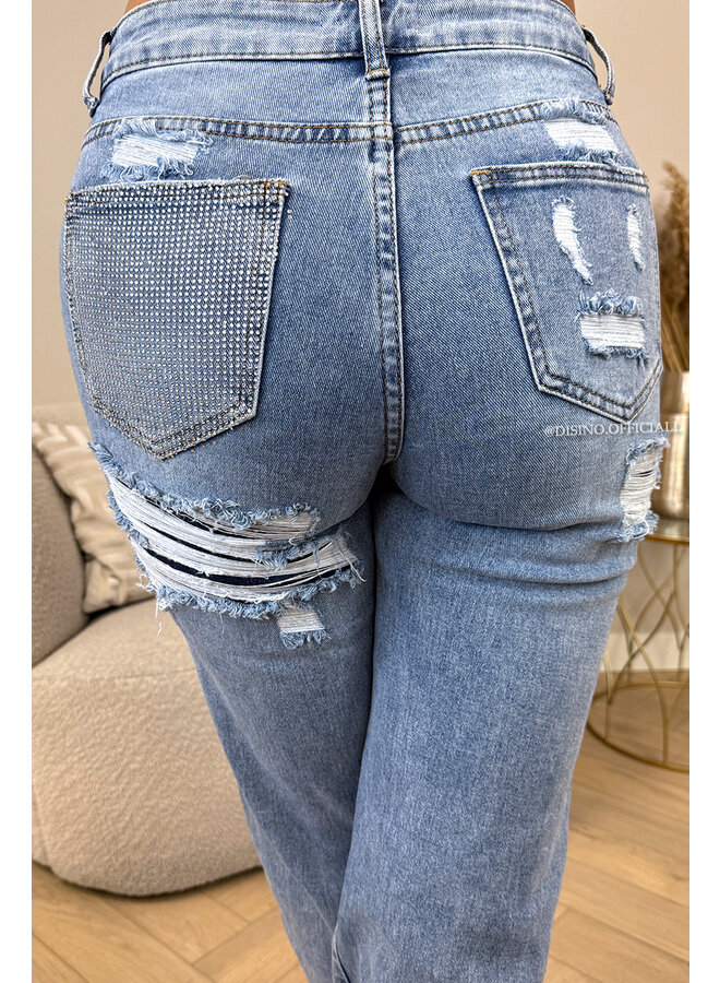 LIGHT BLUE - 'SYDNEY V2 JEANS' - STRETCH VIRAL RIPPED BACK STRAIGHT LEG JEANS