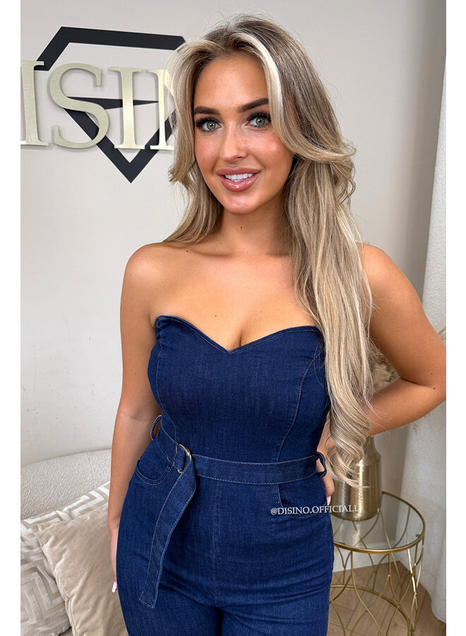 DARK BLUE - 'CYLIA JUMPSUIT' - STRETCH DENIM STRAPLESS JUMPSUIT