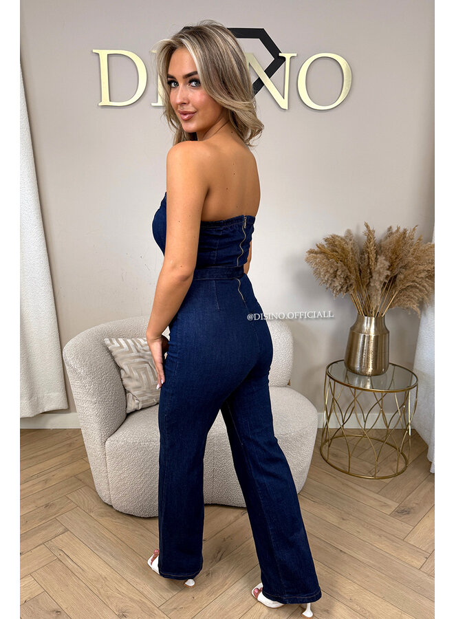 DARK BLUE - 'CYLIA JUMPSUIT' - STRETCH DENIM STRAPLESS JUMPSUIT