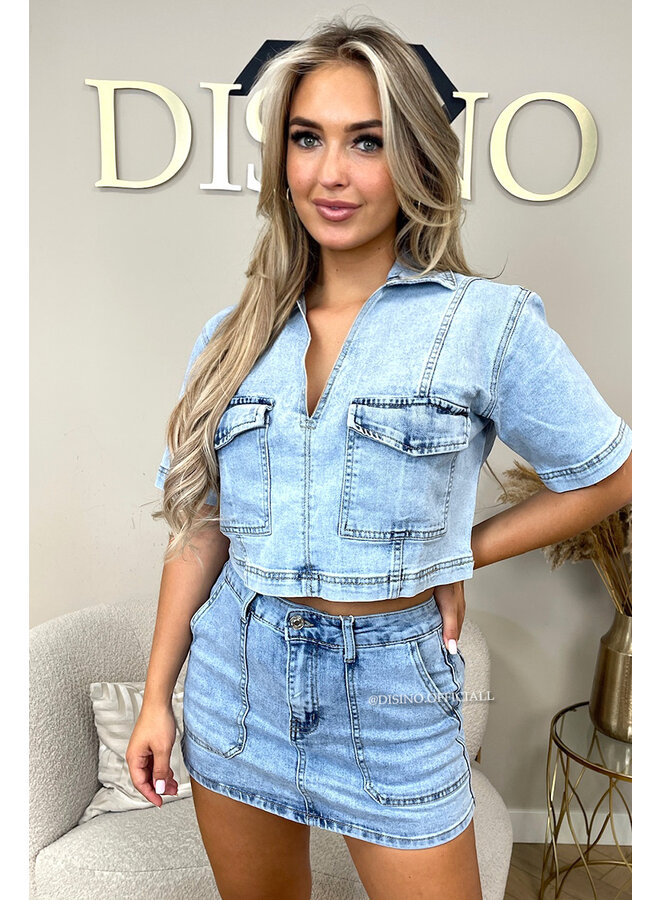 BLUE - 'LYRA TOP' - OVERSIZED STRETCH DENIM SHIRT TOP