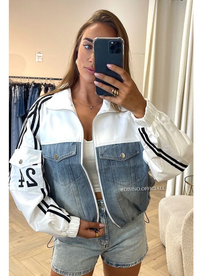 WHITE - 'ZORA JACKET' - STRIPED HALF DENIM HALF TRAINER JACKET