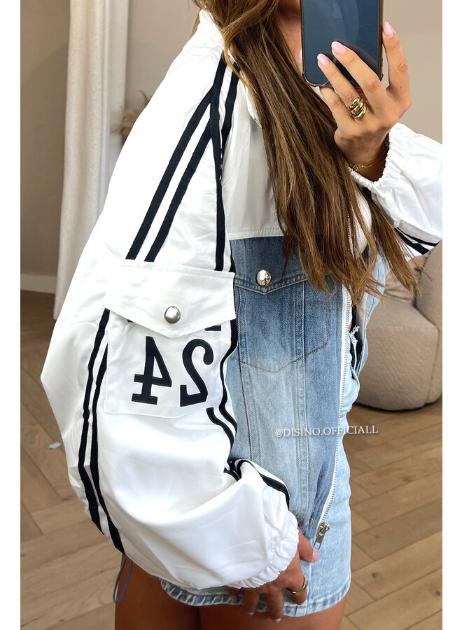 WHITE - 'ZORA JACKET' - STRIPED HALF DENIM HALF TRAINER JACKET