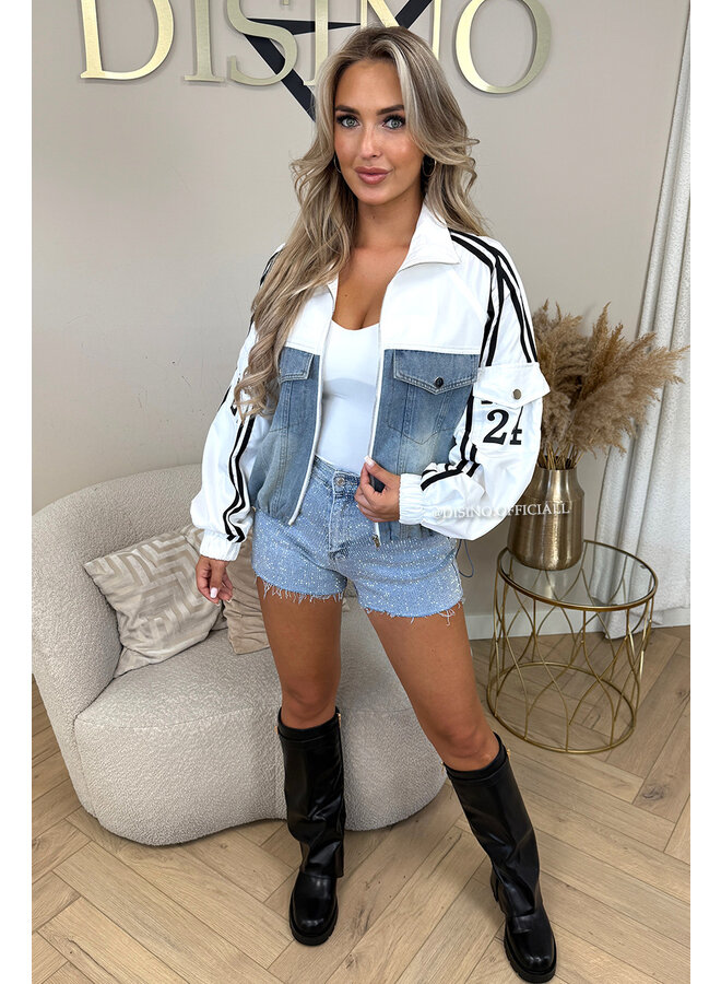 WHITE - 'ZORA JACKET' - STRIPED HALF DENIM HALF TRAINER JACKET