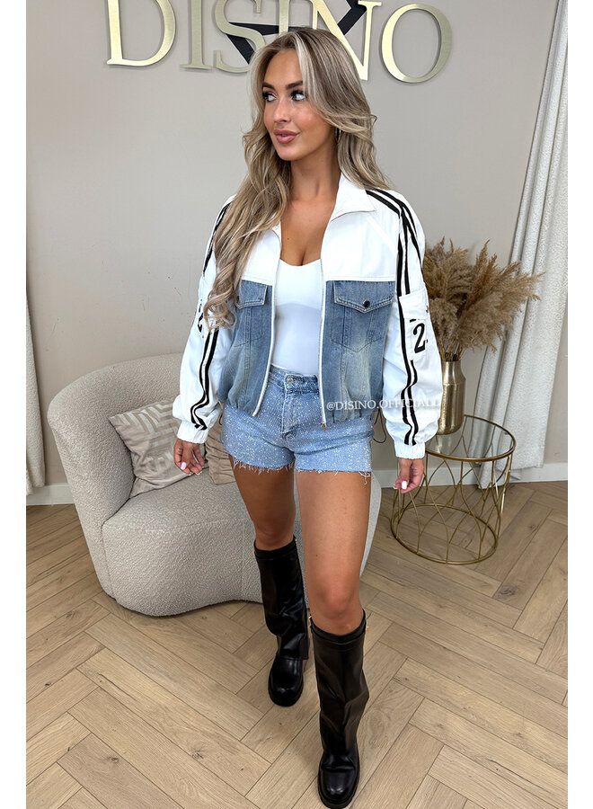 WHITE - 'ZORA JACKET' - STRIPED HALF DENIM HALF TRAINER JACKET
