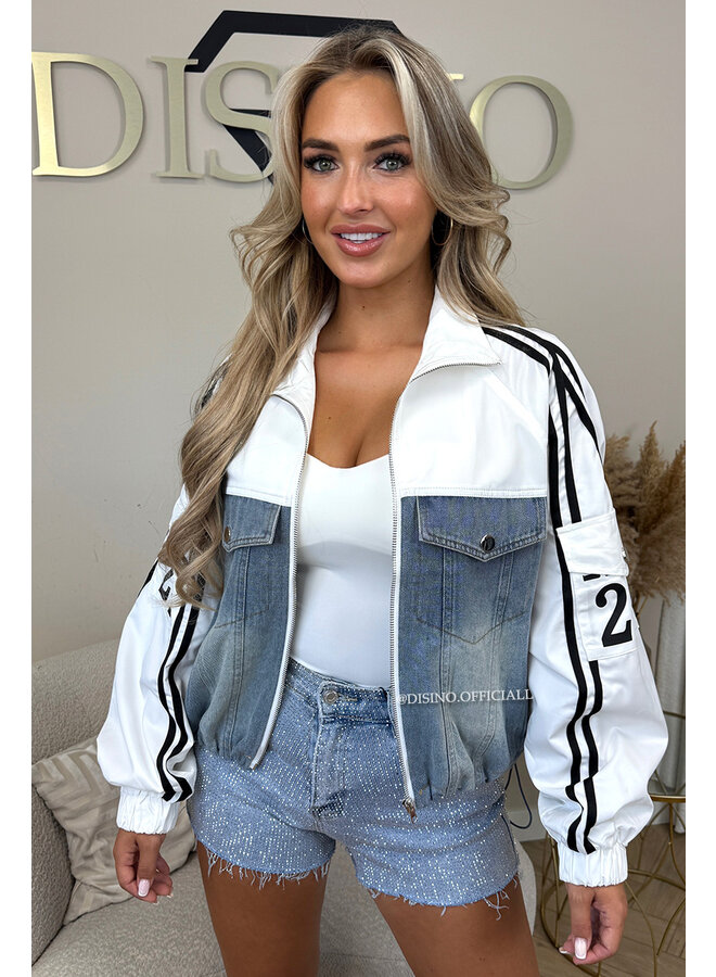 WHITE - 'ZORA JACKET' - STRIPED HALF DENIM HALF TRAINER JACKET