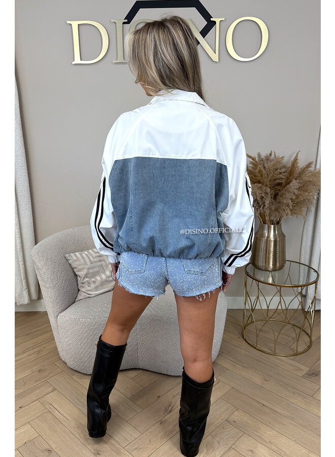WHITE - 'ZORA JACKET' - STRIPED HALF DENIM HALF TRAINER JACKET