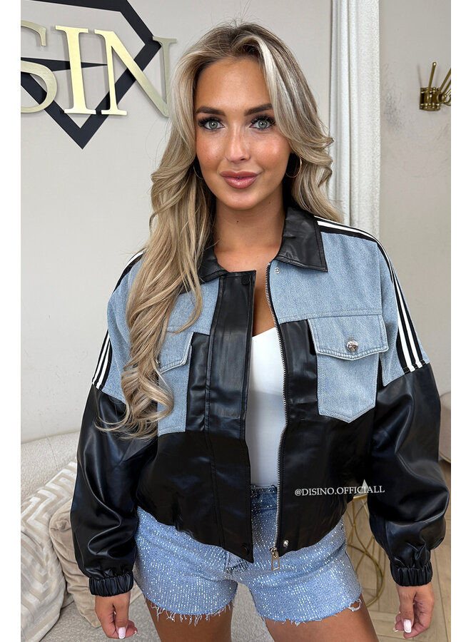 BLACK - 'LEXY JACKET' - DENIM & LEATHER BOMBER JACKET