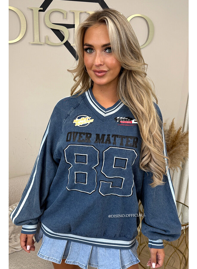 BLUE - 'NO MATTER SWEATER' - DENIM OVERSIZED VARSITY SWEATER