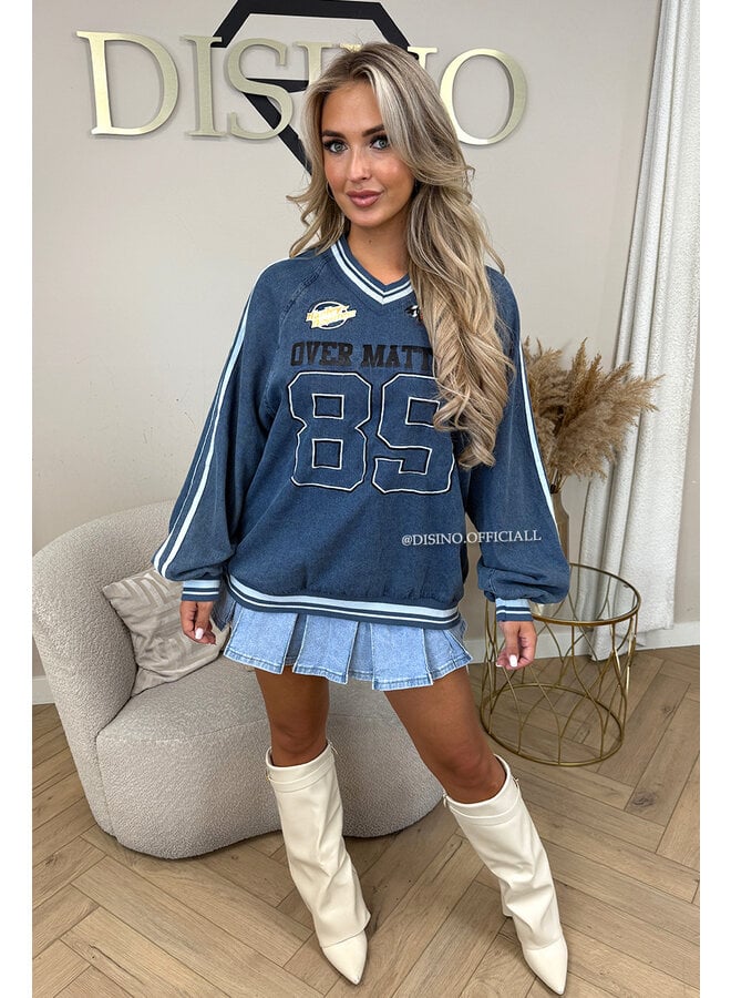 BLUE - 'NO MATTER SWEATER' - DENIM OVERSIZED VARSITY SWEATER