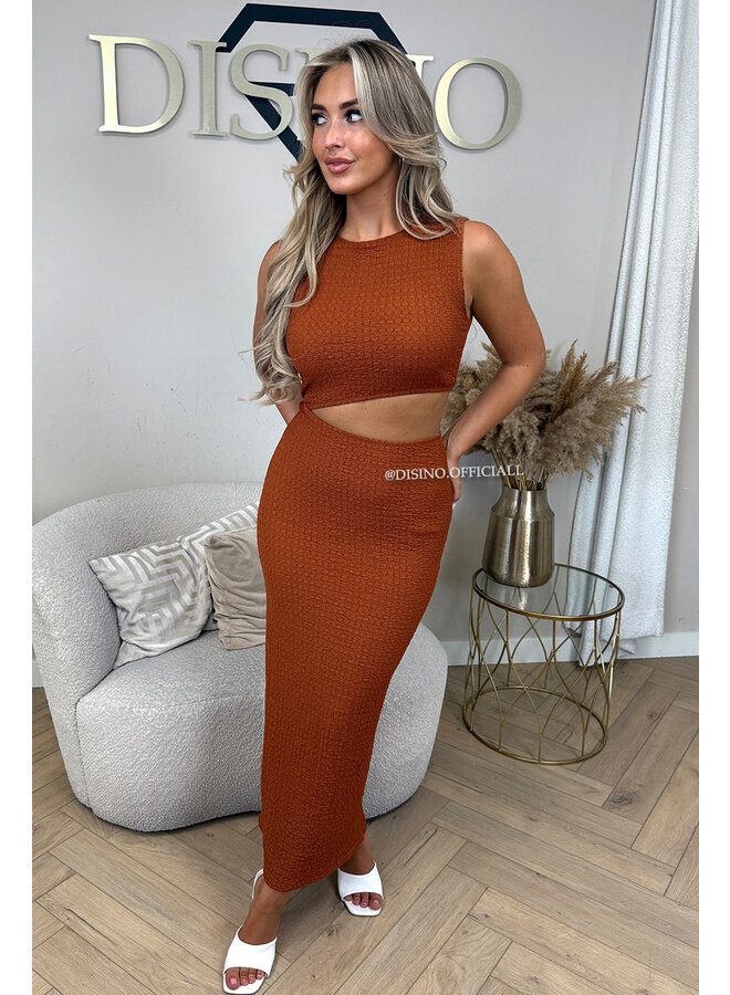 BRICK - 'KATE DRESS' - WAFFLE PRINT ASYMMETRIC CUT-OUT DRESS