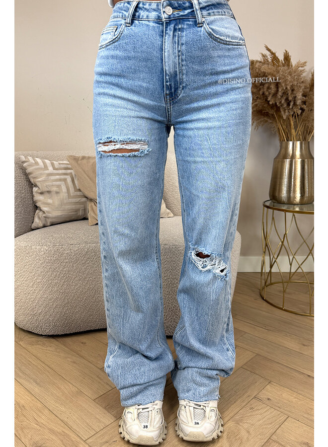 LIGHT BLUE - 'DISINO JEANS' - STRETCH EXTRA LONG RIPPED KNEE WIDE LEG JEANS