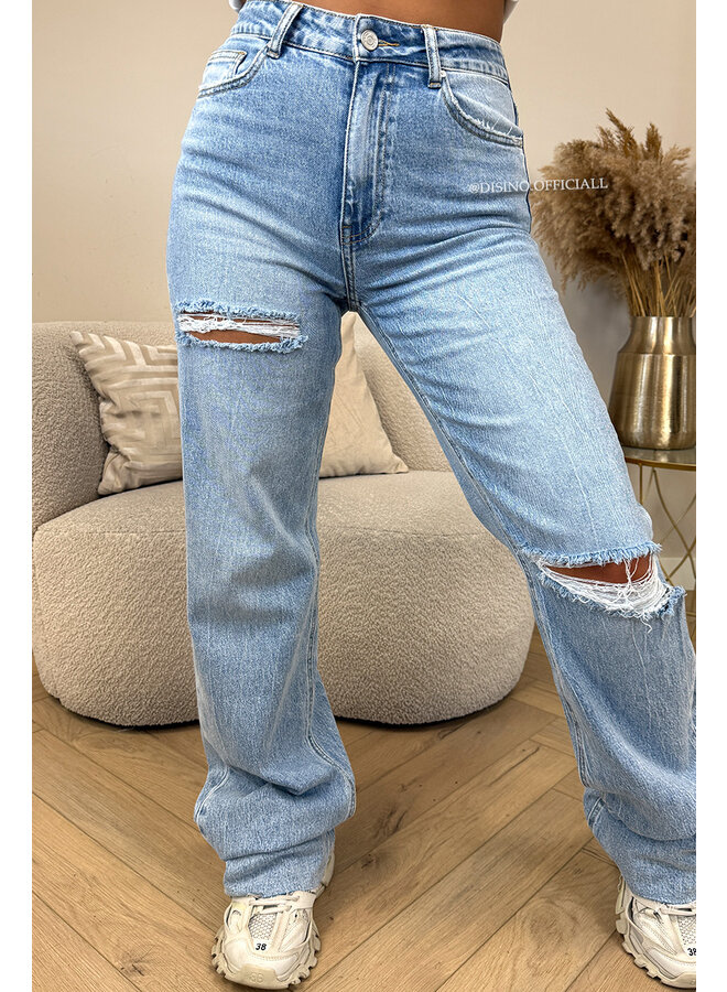 LIGHT BLUE - 'DISINO JEANS' - STRETCH EXTRA LONG RIPPED KNEE WIDE LEG JEANS