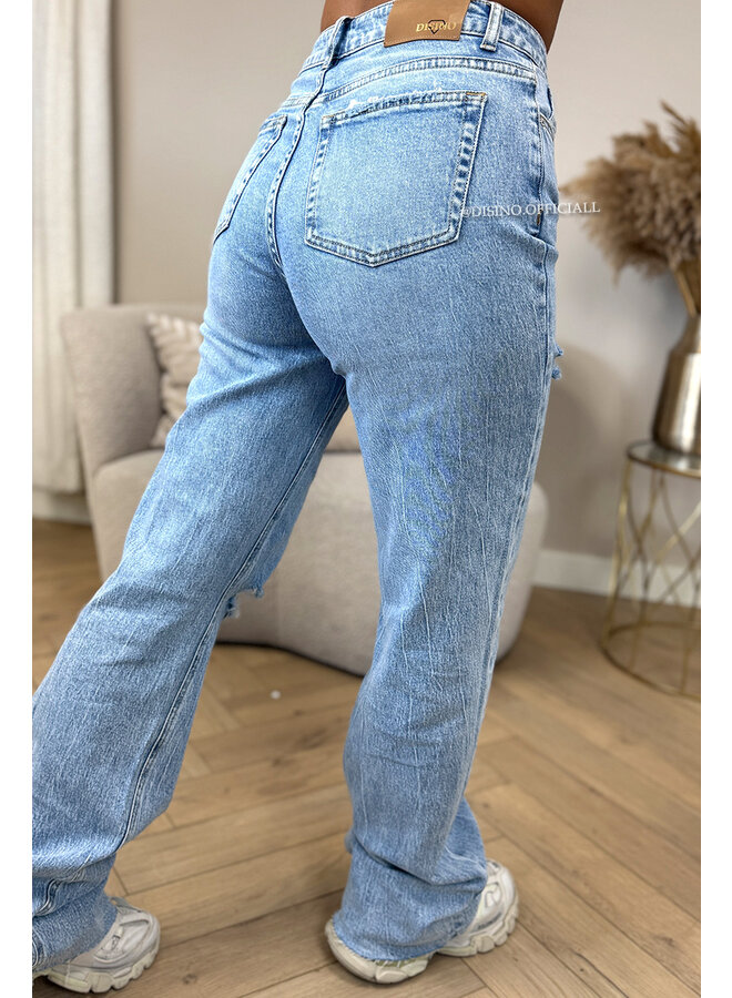 LIGHT BLUE - 'DISINO JEANS' - STRETCH EXTRA LONG RIPPED KNEE WIDE LEG JEANS